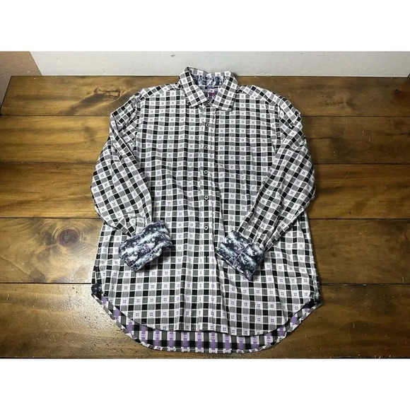 Robert Graham Shirt Flip Cuff Purple Geometric Checkered Button Up Men's XL - Picture 1 of 11